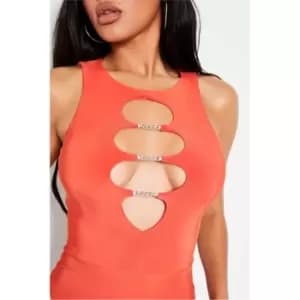 I Saw It First Orange Slinky Racer Neck Chain Detail Bodysuit - Orange