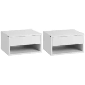 HOMCOM 2 Pieces Bedside Table Wall Mounted Nightstand with Drawer and Shelf for Bedroom, 37 x 32 x 21cm, High Gloss White