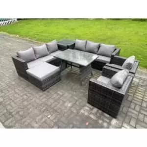 Fimous 8 Seater Outdoor Dark Grey Rattan Lounge Complete Sofa Set with Dining Table and Big Footstool
