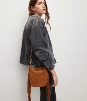 AllSaints Womens Evaline Fringe Crossbody Suede Bag, Amber Brown