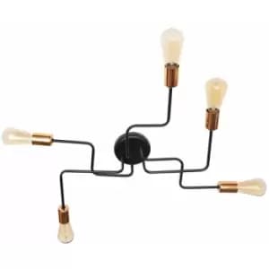 Helam Tube Multi Arm Semi Flush Ceiling Light Black, Copper 64cm