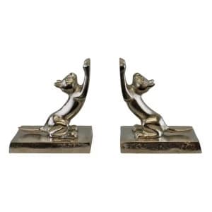 Pair Of Silver Metal Cat Bookends