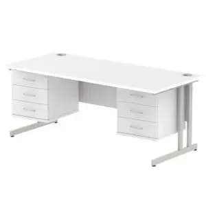 Impulse 1800 Rectangle Silver Cant Leg Desk White 2 x 3 Drawer Fixed