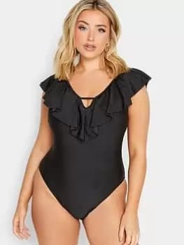 Yours Glam Frill Plunge Swimsuit Black, Size 18, Women