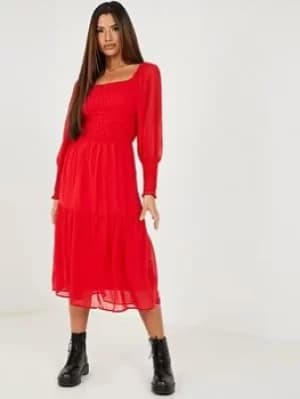 Quiz Chiffon Shirred Tiered Midi Dress, Dark Red, Size 8, Women