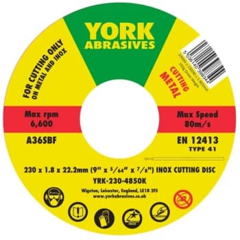 York - 230 X 1.8 X 22MM A36 S-BF Inox Thin Reinforced Flat Cutting Discs - Type 41