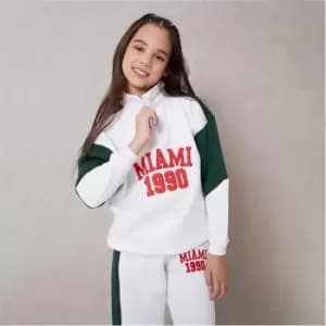 I Saw It First Girls Varsity Miami 1990 Slogan Funnel Neck Colour Block Sweater - Green