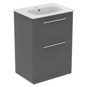 Ideal Standard I.life A 60Cm Matt Quartz Grey Floor Standing Vanity Unit, 64Cm White Vanity Basin And Chrome Handle Pack