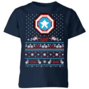 Marvel Avengers Captain America Pixel Art Kids Christmas T-Shirt - Navy - 11-12 Years
