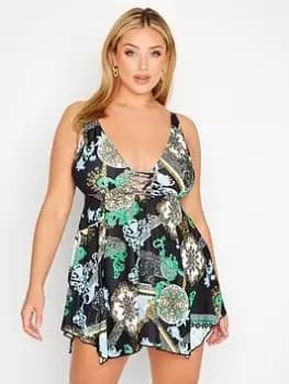 Yours Scarf Print Eyelet Swimdress, Black, Size 16, Women