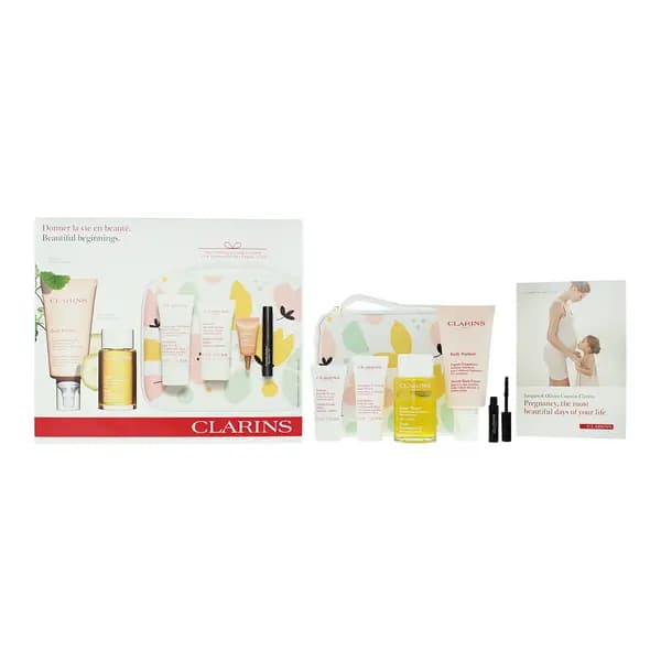 Clarins Beautiful Beginnings Maternity Bag 6 Piece Gift Set: Stretch Mark Expert 175ml - Body Oil 100ml - Body Scrub 30ml - Flash Balm 15ml- Eye Cream