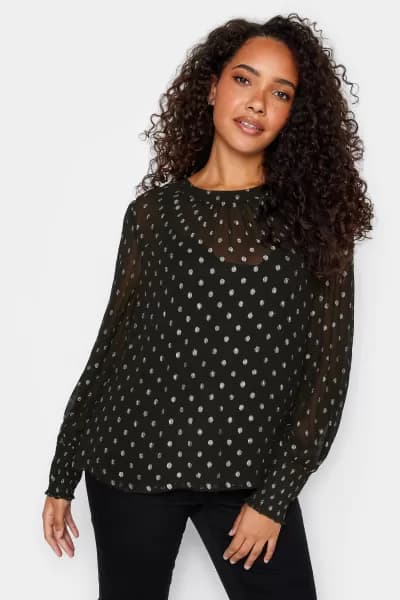 Metallic Print Shirred Cuff Blouse