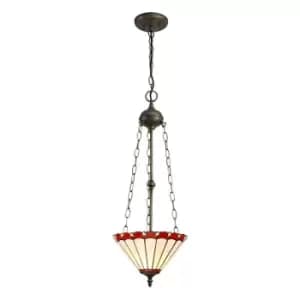 3 Light Uplighter Ceiling Pendant E27 With 30cm Tiffany Shade, Red, Crystal, Aged Antique Brass - Luminosa Lighting
