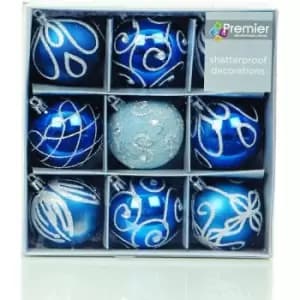 Shatterproof Mixed 9 Pack of Christmas Baubles - Midnight Blue - Various Designs - Midnight Blue