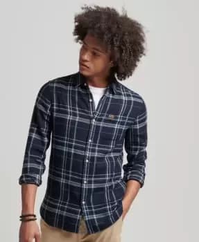 Superdry Mens Cotton Workwear Long Sleeve Shirt Dark Blue / Indigo Flannel Check - Size: M