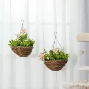 Set Of 2 Artificial Clematis Flowers In Wicker Hanging Baskets