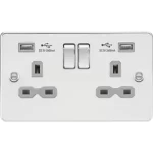 Knightsbridge - 13A 2G Switched Socket with dual usb charger a + a (2.4A) - Polished chrome with grey insert 230V IP20