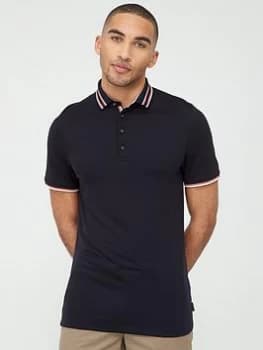 Ted Baker Short Sleeved Polo Shirt with Striped Collar - Navy, Size 3, Men