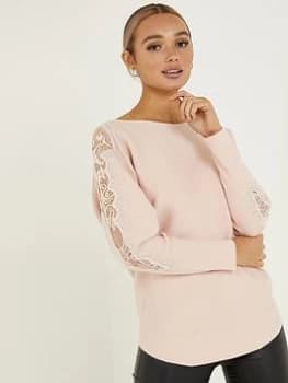 Quiz Pink Knitted Lace Diamante Jumper - S