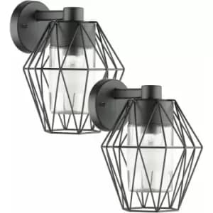 Loops - 2 pack IP44 Outdoor Wall Light Black Wire Cage Shade 1x 60W E27 Porch Lamp