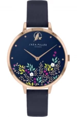 Sara Miller Ditsy Ladies Navy Leather Strap Floral Dial Watch SA2102