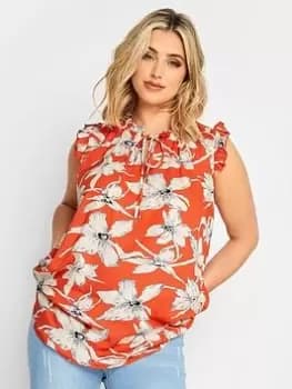 Yours Yours Frill Tie Neck Top Large Orange Floral, Orange, Size 18, Women