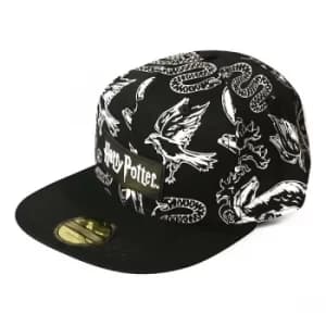 Harry Potter Wizards Unite Logo and Hogwarts Houses Symbols All-Over Print Snapback Baseball Cap- Black