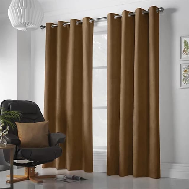 Velvet Chenille Ready Made Eyelet Curtains Tan