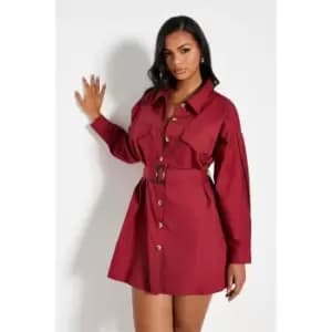 I Saw It First Drop Shoulder Belted Oversized Shirt Dress - Red