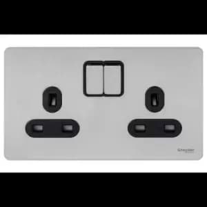 Schneider Electric Ultimate Screwless Flat Plate - Double Switched Power Socket, 13A, GU3420BSS, Stainless Steel with Black Insert