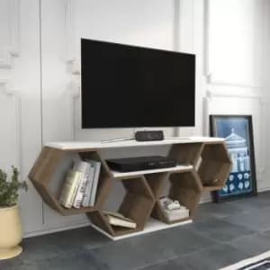 Decorotika - Bal 120 Cm Wide Hexagonal tv Unit ,Hexagonal Display tv Stand , Lowboard tv Cabinet Up To 51 TVs -White And Walnut Pattern