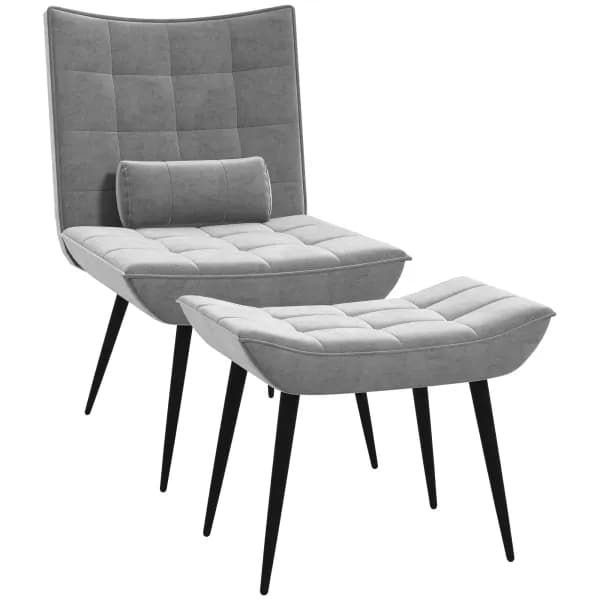 HOMCOM Armless Accent Chair w/ Footstool Set, Modern Tufted Upholstered Lounge Chair w/ Pillow, Steel Legs, Grey