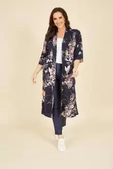 Navy Curve Satin Butterfly Print Long Kimono
