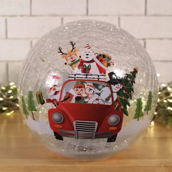 15cm Battery Operated Twinkling Warm White LED Crackle Effect Ball Decoration with Santa and Friends in Car