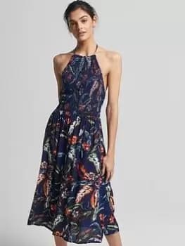 Superdry Vintage Smocked Halter Neck Dress - Navy, Size 16, Women