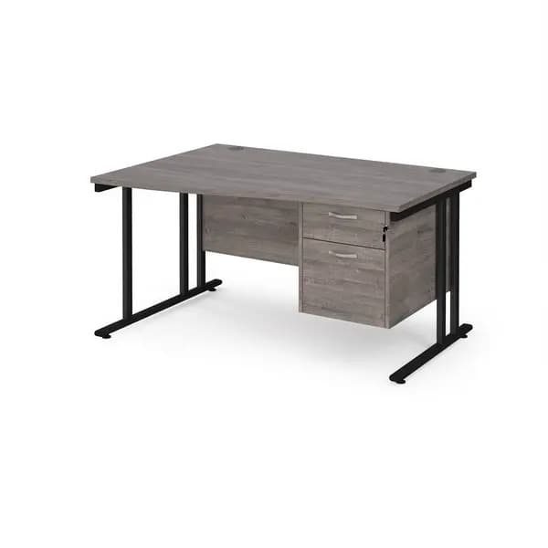 Maestro 25 left hand wave desk 1400mm wide with 2 drawer pedestal - Black cantilever leg frame, grey oak top
