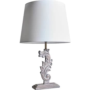 Distressed White Floral Design Table Lamp with Large Tapered Shade - White