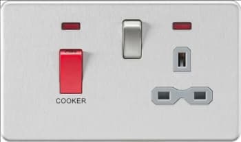 KnightsBridge Screwless 45A DP switch and 13A switched socket with neons - brushed chrome with grey insert