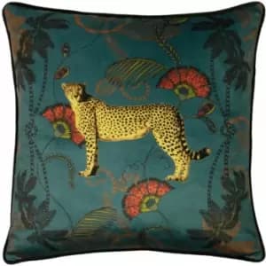 Paoletti Tropica Cheetah Velvet Piped Edge Cushion Cover, Teal, 45 x 45 Cm