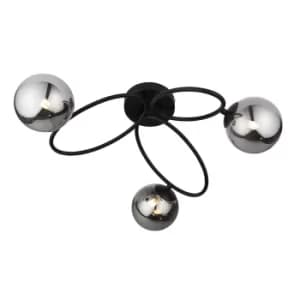 Ellipse Semi Flush 3 Light Globe Lamp Satin Black, Smoked Mirrored Glass