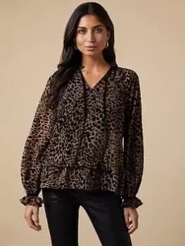Wallis Animal Print Velvet Tie Neck Blouse - Brown, Size 10, Women