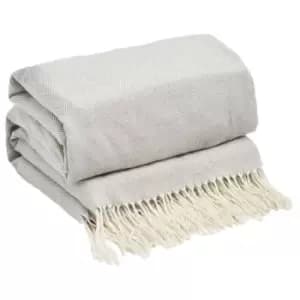 Highams Herringbone Chevron Tassel Knit Trim Soft Throw Silver 150 X 200Cm