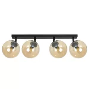 Tofi Black Globe Ceiling Spotlight Bar with Amber Glass Shades, 4x E14