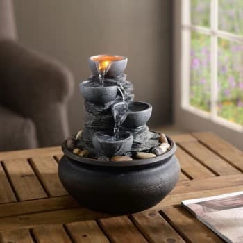 Indoor Tabletop Water Feature, 4 Tiered Small , Mini Water Fountain Decor, Modern Cascading Waterfall Ornament with Lights & Pump, Grey - Grey