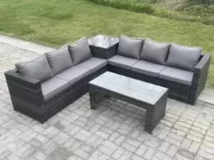 Fimous 6 Seater Outdoor Dark Grey Rattan Lounge Complete Sofa Set with Square Side Table and Oblong Coffee Table