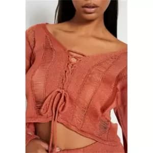 I Saw It First Rust Frayed Knit Lace Up Cardigan Co-Ord - Orange