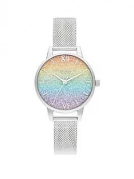 Olivia Burton Rainbow Glitter Dial & Silver Mesh Bracelet Watch