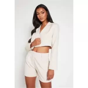 I Saw It First Stone Petite Woven Cropped Fitted Blazer - Brown