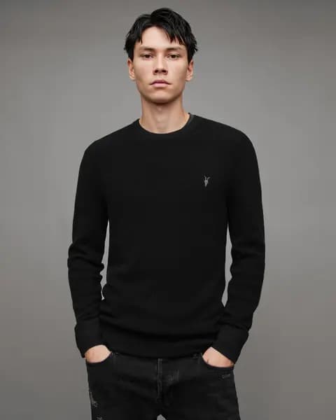 AllSaints Mens Merino Wool Regular Fit Ivar Crew Neck Jumper, Black, Size: S