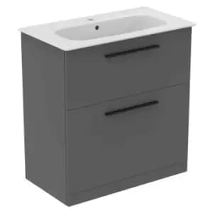 Ideal Standard I.life A 80Cm Matt Quartz Grey Floor Standing Vanity Unit, 84Cm White Vanity Basin And Black Handle Pack